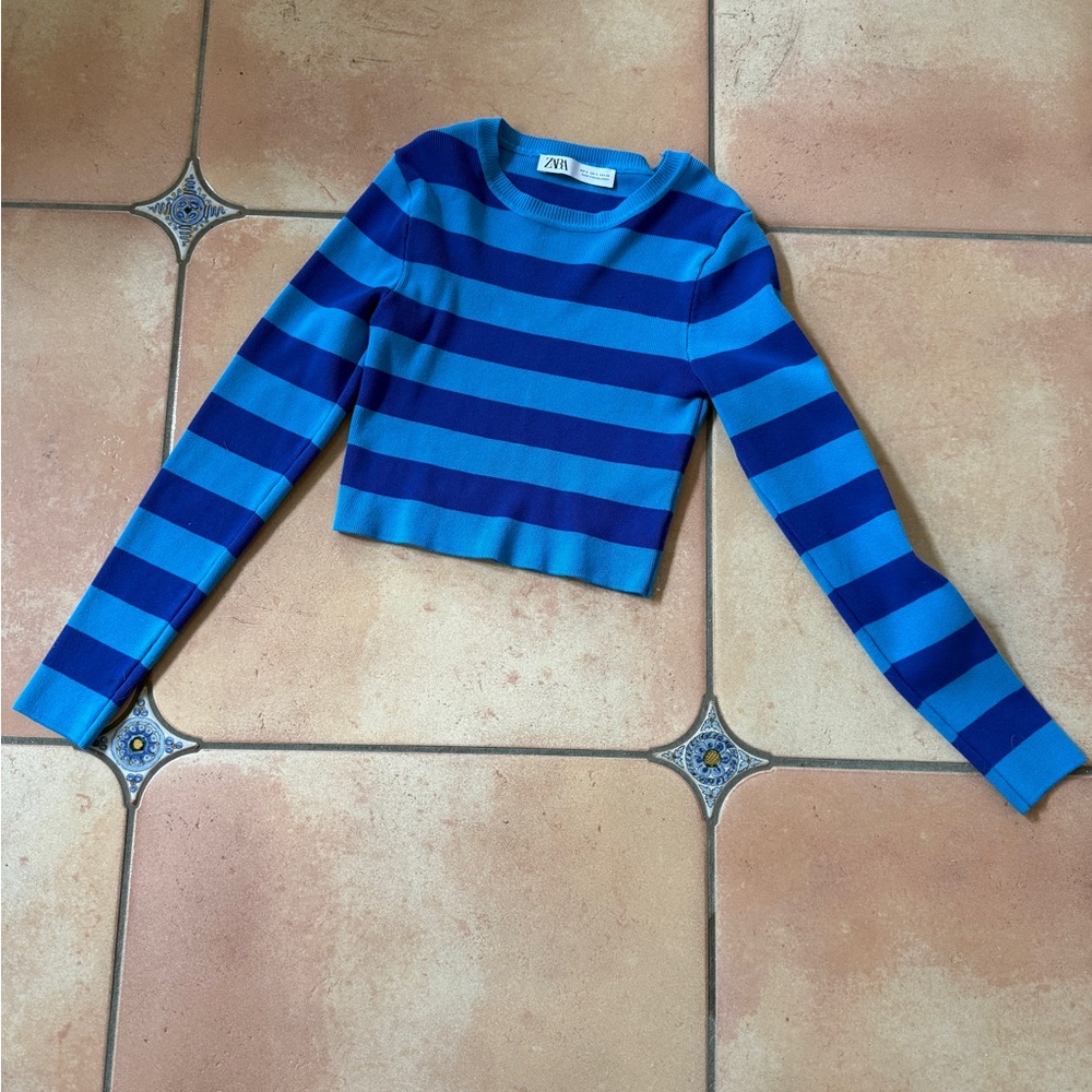 Zara Women's Vibrant Blue Striped Crew Neck Sweater